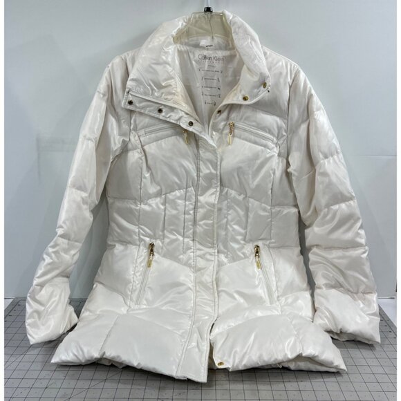 Calvin Klein White Puffer Jacket Down Fill Hidden Hood Women's Size M ~~minty~~ - Picture 1 of 16